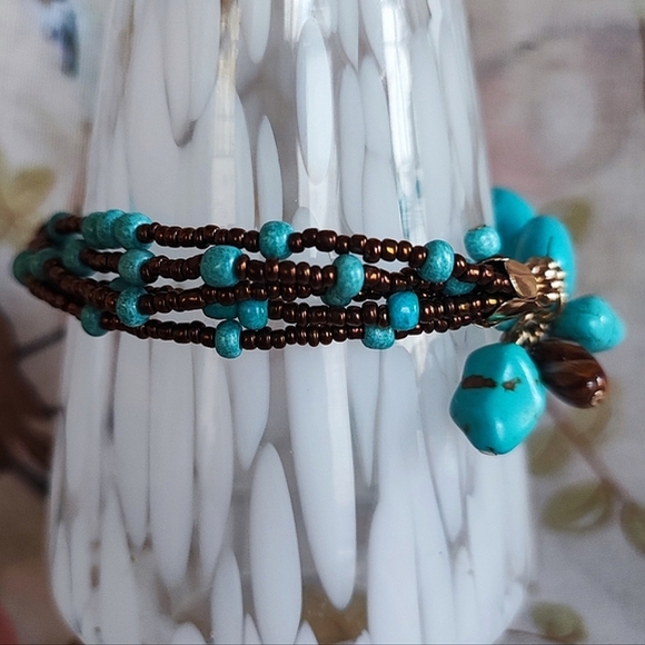 Howlite Faux Turquoise Color Veining Brown Copper Seed Beads Bracelet Anklet - Picture 4 of 9